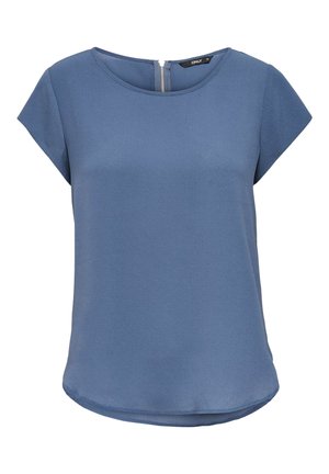 Kurzärmelige blaue Bluse aus strukturiertem Stoff mit Rundhalsausschnitt und einem Reißverschluss auf der Rückseite. Der Saum ist leicht abgerundet.