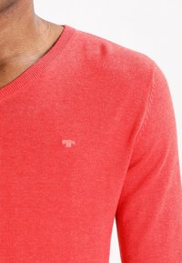 Man i korallrosa stickad tröja med liten broderad logotyp på vänster bröst mot vit bakgrund.