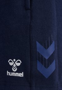 Calções azul-marinho feitos de tecido suave; apresentam um logótipo branco e um padrão de chevrons azuis na lateral, com uma textura suave.