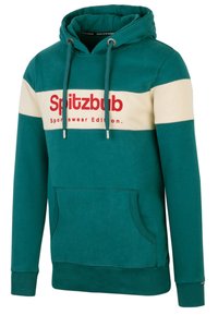 Teal hoodie with a cream horizontal stripe, featuring red "Spitzbub" text. Includes a front pocket, drawstring hood, and ribbed cuffs.