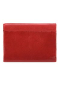 Red leather wallet with smooth texture, rectangular shape, and minimal stitching. Features a flat closure on the top for easy access.