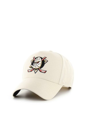 Beige baseball cap featuring an embroidered stylized hockey mask and crossed sticks logo on the front panel.