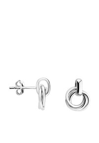 Silverfärgade metallörhängen med en loopdesign och sammanlänkade cirklar. Ytan är polerad, vilket ger en reflekterande finish.