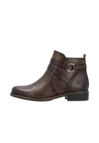 Bottine en cuir marron avec un bout arrondi, des détails de couture subtils, un accent en matériel sur le côté et un petit talon carré.