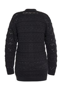 Maglione nero lavorato a maglia con un motivo testurizzato e dettagli openwork, maniche a coste e orlo. Il design presenta strisce orizzontali.