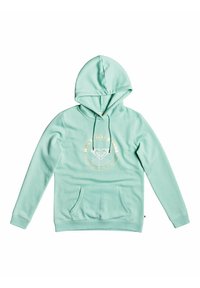 Mátová mikina vyrobená z měkké tkaniny, s přední kapsou a kapucí na šňůrku. Dekorativní logo uprostřed s designem srdce a vlny.