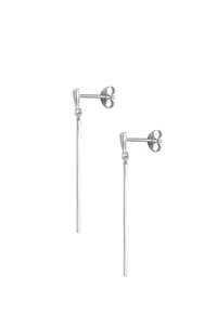 Silberne Ohrstecker mit langen, schlanken Stäben. Das Design verfügt über eine elegante Oberfläche und sichere Schmetterlingsverschlüsse für Komfort und Stabilität.