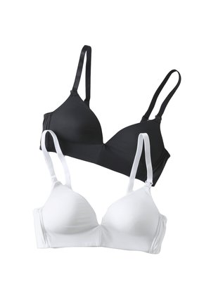 Two wireless bras with adjustable straps, one black and one white, displayed on a white background.