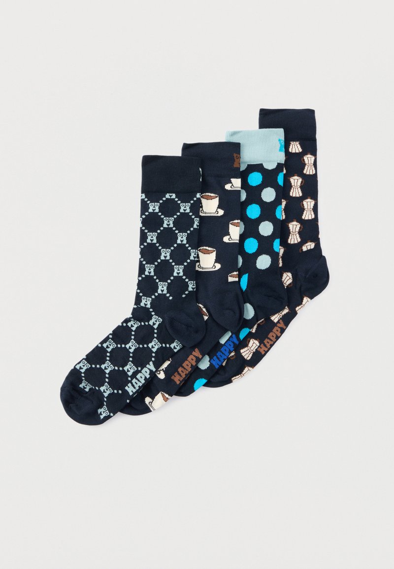 Four pairs of navy socks with coffee-themed patterns including coffee cups, pods, and blue polka dots, each labeled with "HAPPY" near the toes.