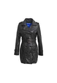 Zwarte leren trenchcoat met dubbelgeknoopte knopen, een getailleerde riem, epauletten op de schouders en een gladde textuur. Voorzien van een blauwe binnenvoering.