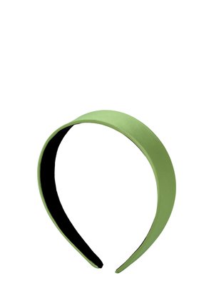 Wide, padded green fabric headband with a smooth texture and black inner lining, shown against a white background.