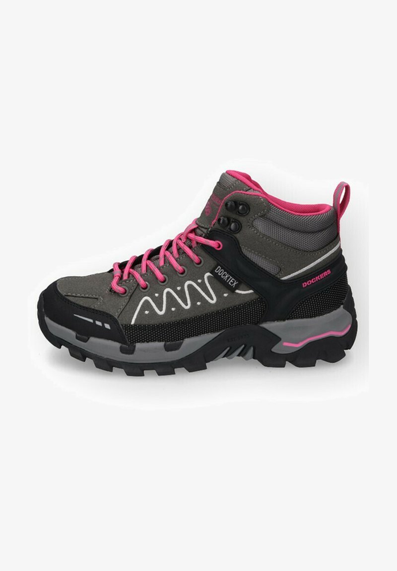 Grauer Wanderschuh mit pinken Akzenten, ausgestattet mit einem strukturierten Obermaterial aus Stoff, einer schwarzen Gummisohle und reflektierenden Details an den Seiten und der Zunge.