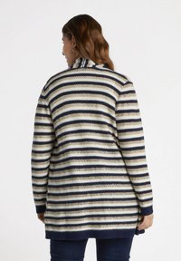 Raidallinen neulepaita tummansinisessä, kremessä ja kultaisessa. Ominaisuuksia korkea kaula-aukko, pitkät hihat sekä röyhelömäiset hihansuut ja helma. Teksturoitu neulekuvio.