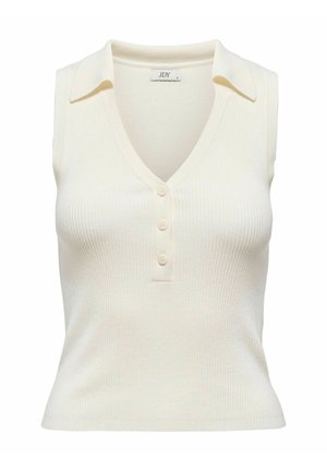 Haut sans manches blanc à côtes avec un col en V, comportant trois boutons sur le devant et une coupe ajustée.