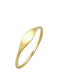 Guldring med en glat, aflang diamantskive på toppen. Båndet er tyndt og poleret, mærket med "375" for guldets renhed.