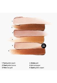 Six horizontal swatches of shimmery makeup shades, labeled 1-6: Turnt peach, Flash bronze, Flare rose gold, Strobe gold, Lit champagne (best seller), Spark copper.