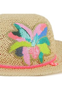 Chapeau en paille tissée de couleur naturelle, arborant un motif floral coloré orné de paillettes et une bordure rose vif autour du bord.