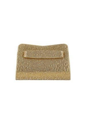 Pochette dorata con superficie strutturata caratterizzata da piccoli puntini in rilievo e chiusura piatta. Forma rettangolare compatta con finitura elegante.