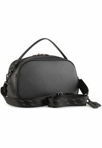 Borsa a tracolla in pelle nera con una forma elegante e arrotondata. Presenta un manico superiore strutturato, una tracolla regolabile e una tracolla nera testurizzata con logo.