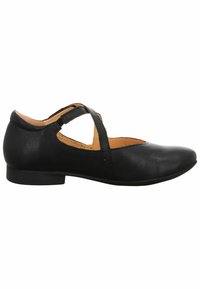 Schwarze Lederballerinas mit abgerundetem Zeh, die ein ausgeschnittenes Design und einen Knöchelriemen aufweisen. Niedriger, flacher Absatz mit einer glatten Textur.