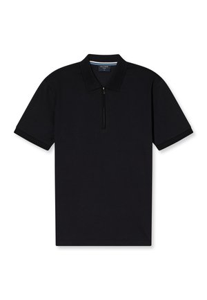 Black short-sleeve polo shirt with a collar and front zipper, laid flat on a white background.