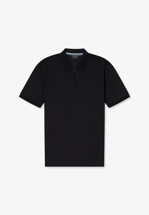 Black short-sleeve polo shirt with a collar and front zipper, laid flat on a white background.