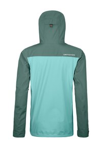 Green and teal waterproof jacket with a hood, featuring a contrasting upper panel and a logo on the back. Smooth texture and fitted design.