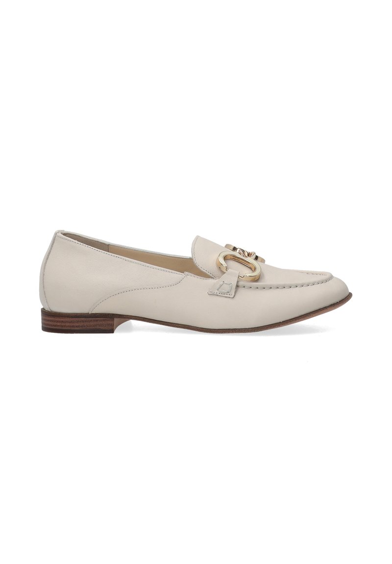 Beige leather loafers with a prominent gold-tone hardware accent and stitched detailing. Low wooden heel. Smooth texture, classic design.