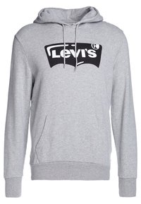 Sudadera gris claro de Levi's con bolsillo frontal tipo canguro, capucha ajustable con cordón y logo en blanco y negro de Levi's en el pecho.
