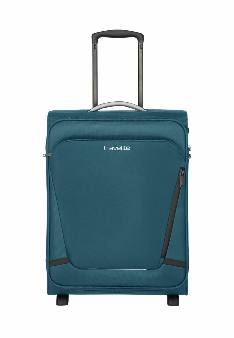 Teal soft-shell koffer met een telescopische handgreep, een voorvak met rits en zwarte accentdetails. Voorzien van een stevig ontwerp voor reizen.