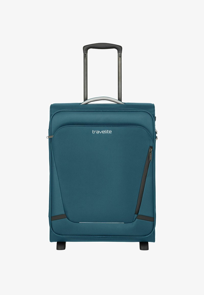 Valigia soft-shell turchese con manico telescopico, tasca frontale con zip e dettagli neri. Presenta un design robusto per i viaggi.