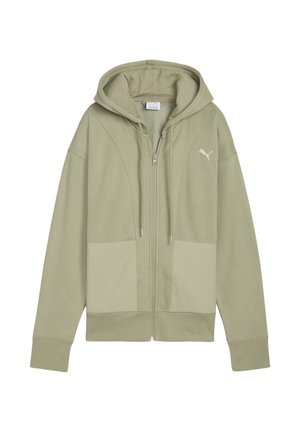Felpa con zip di colore verde oliva, con cappuccio foderato, vestibilità oversize, tessuto testurizzato e due tasche frontali. Presenta un logo bianco sul petto.