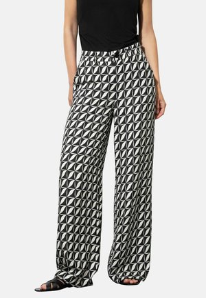 Zwart-witte patroon wijd uitlopende broek met een geometrisch ontwerp, gemaakt van lichtgewicht stof, met een elastische tailleband en zijzakken.