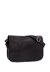 Borsa a tracolla in pelle nera con chiusura a patta, tracolla regolabile, texture liscia e dettagli di cucitura discreti lungo i bordi.