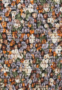 Floral fabric featuring orange, white, and purple flowers on a dark background. Textured with horizontal pleats and a dense pattern.