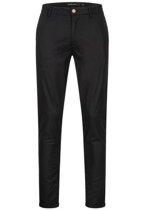 Czarne spodnie casualowe o slim fit, wykonane z bawełnianej tkaniny, z zapięciem na guziki z przodu, szlufkami na pasek i kieszeniami bocznymi.