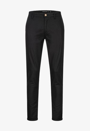 Black casual trousers with a slim fit, made of cotton fabric, featuring a front button closure, belt loops, and side pockets.