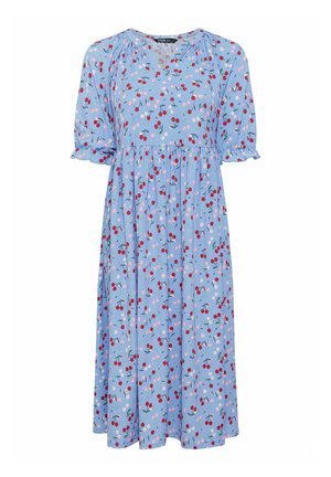 Vaaleansininen midimekko, jossa punavalkoinen kirsikkakuosi, lyhyet röyhelöhihat, pyöreä pääntie ja rypytetty vyötärön yksityiskohta.