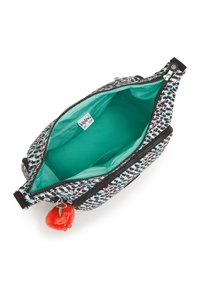 Kipling bag with a patterned exterior in blue, red, and white; features a bright turquoise interior and a red pom-pom zipper pull.