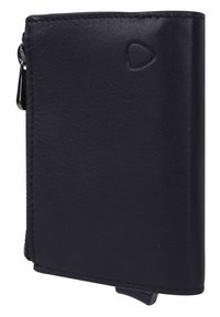 Portafoglio in pelle nera con una texture liscia, forma curvilinea e cuciture ben visibili. Presenta un piccolo logo a triangolo e una chiusura con zip.