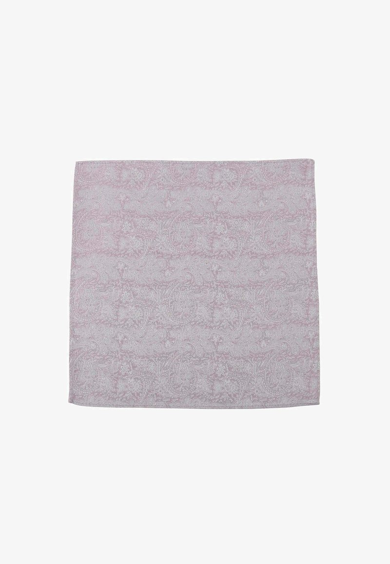 Paisley-patterned fabric square in light pink and white. Soft texture with intricate floral designs throughout. Edges are neatly hemmed.