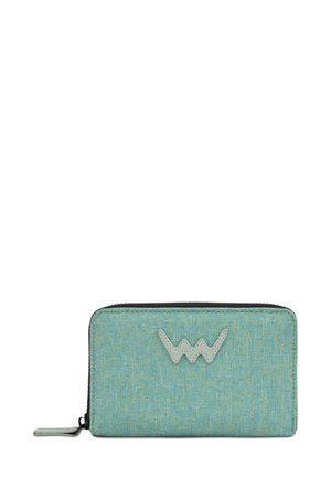 Zippered wallet made of textured light blue fabric, featuring a beige leather accent in a wave pattern on the front.
