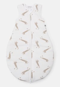 Lightweight sleeping bag in white cotton with brown giraffe patterns, featuring a front zipper and sleeveless design for easy use.