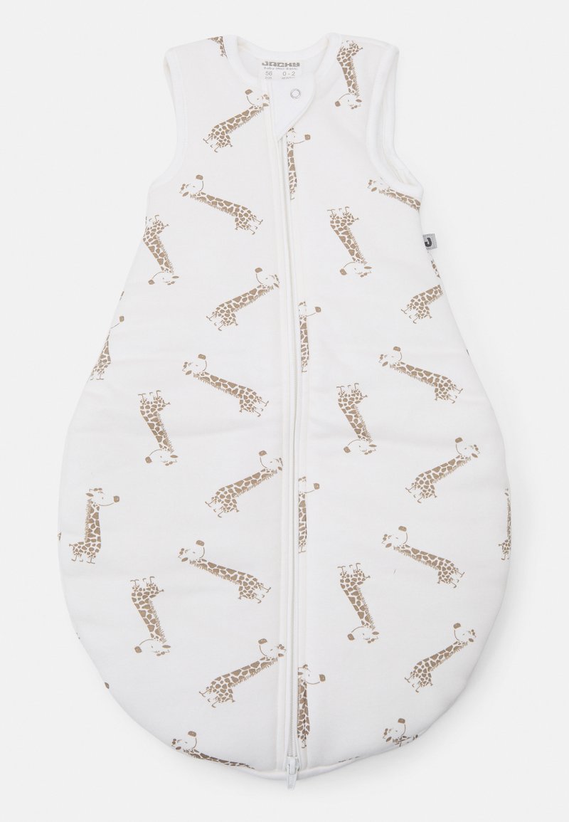 Viegls guļammaiss baltā kokvilnā ar brūniem žirafes rakstiem, ar priekšējo rāvējslēdzēju un bez piedurknēm dizainu vieglai lietošanai.