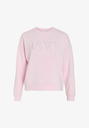 Hellrosa Sweatshirt mit Rundhalsausschnitt, fallenden Schultern und erhabenem "LOVE"-Schriftzug auf der Vorderseite. Weicher Stoff mit gerippten Bündchen und Saum.