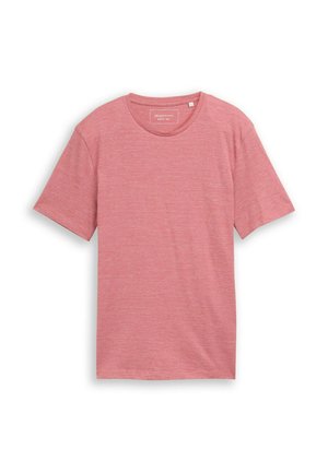 Roza kratka majica s kratkimi rokavi in okroglim izrezom, z nežno melirano teksturo, položena na ravno belo podlago.