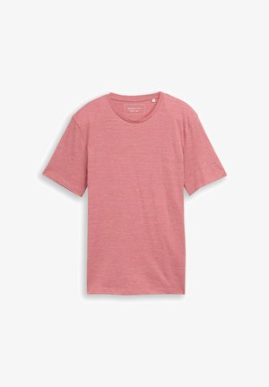 Roza kratka majica s kratkimi rokavi in okroglim izrezom, z nežno melirano teksturo, položena na ravno belo podlago.