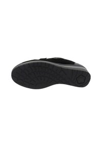 Suola di scarpa nera con un motivo di grip testurizzato, profilo piatto e materiale in gomma. Presenta una forma curva con un accento floreale sul tallone.