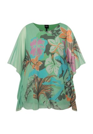 Lightweight, flowy green blouse with tropical floral print in pink, orange, and blue. Features short sleeves and a relaxed fit design.