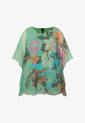 Lichtgewicht, vloeiende groene blouse met een tropisch bloemenprint in roze, oranje en blauw. Heeft korte mouwen en een ontspannen pasvorm.
